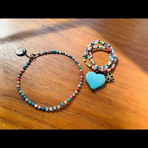 🤗Beaded Choker & Bracelet w/ Turquoise Heart,4leaf Clover & I Love You Charm💕